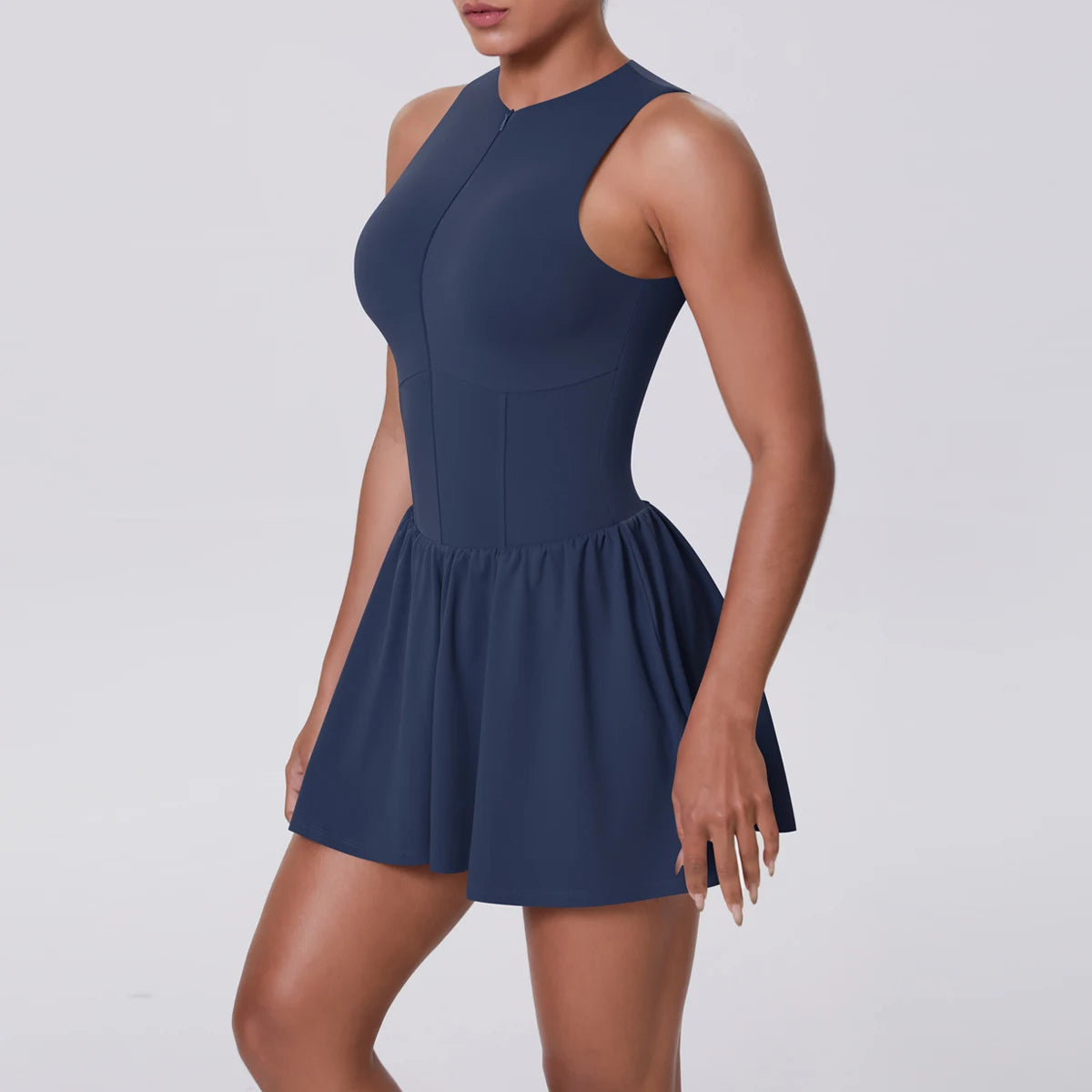 Women Front Zipper Tennis Dress Fake Two-piece Pieces Stand Up Collar Slim Fit Soft Sports Sets Fitness Pocket Skorts Yoga Suits