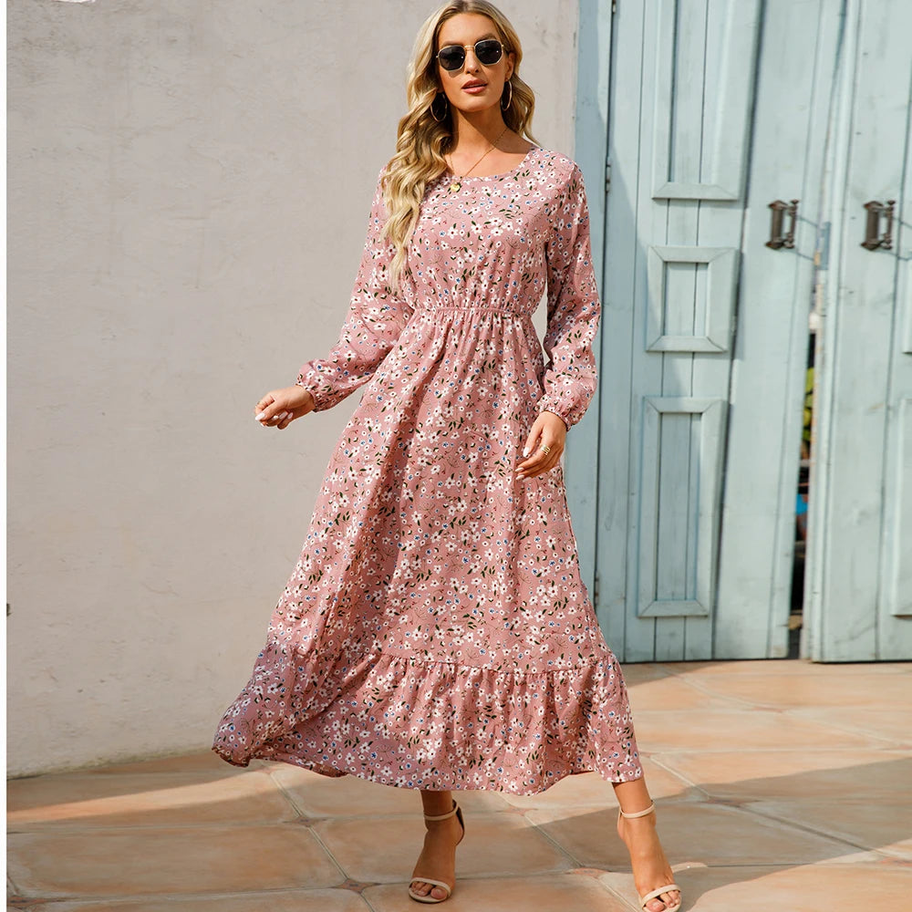 2025 Sping Summer Bohemian Women Maxi Dress Casual Long Sleeve High Waist Beach Woman Chiffon Dresses Floral Vestidoes Mujer New