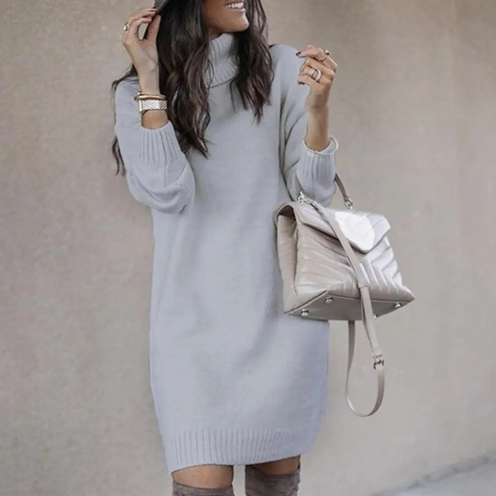 Women High Neck Knit Dress Casual Loose Warm Sweater Mini Dress Long Sleeved Solid Color Versatile Knee Length Skirt Plus Size