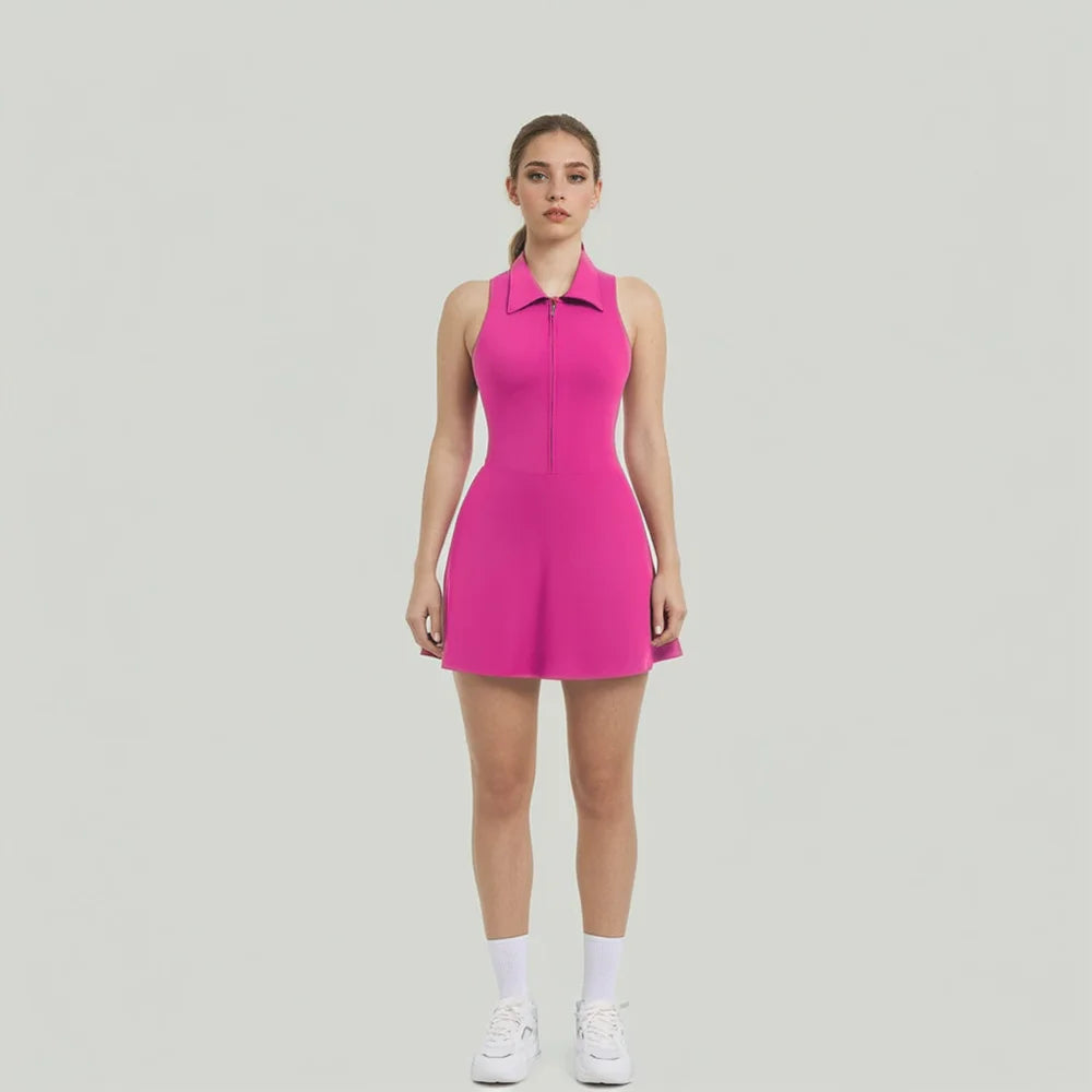 Lapel With Zipper Yoga One-Piece Tennis Dress Slimming High-Waisted Anti-Glare Sportswear Fitness One-Piece Dress