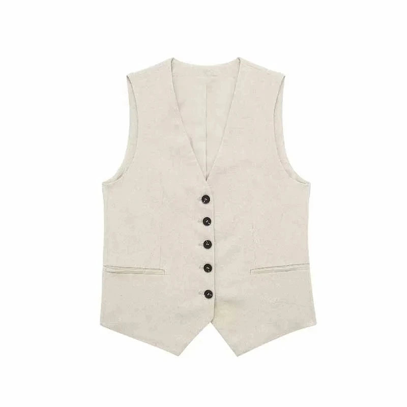 TRAFZA Women's Fashion Solid Vest Top Vintage V Neck Button Loose Casual Vests Summer Y2K Woman Streetwear Chic Tops Outerwear