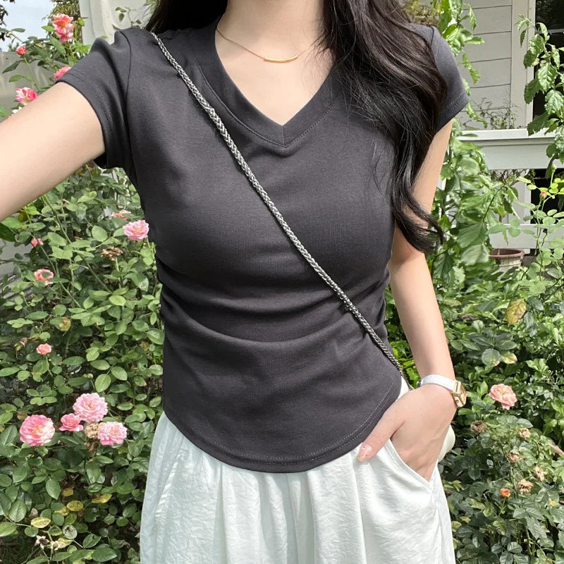 Summer Gray Women's V-neck Short-sleeved T-shirt, White Short-sleeved Slim-fit Pullover T-Shirt, Asian Sizes S-XL Tops & Tees
