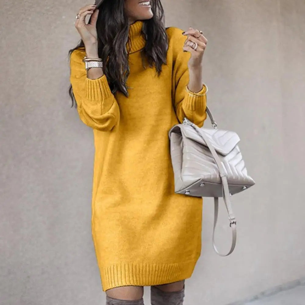 Women High Neck Knit Dress Casual Loose Warm Sweater Mini Dress Long Sleeved Solid Color Versatile Knee Length Skirt Plus Size