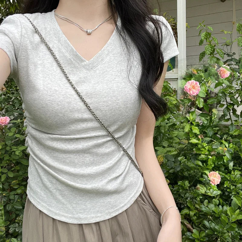 Summer Gray Women's V-neck Short-sleeved T-shirt, White Short-sleeved Slim-fit Pullover T-Shirt, Asian Sizes S-XL Tops & Tees