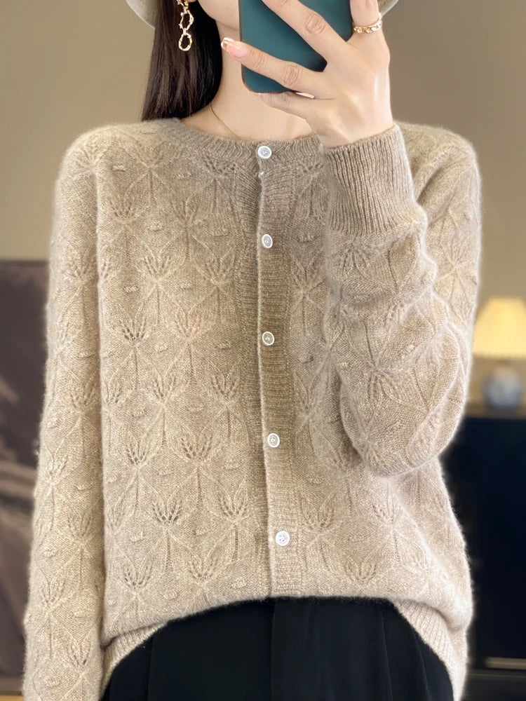 Chic Women's Hollow Button Cardigan O-Neck Sweater Autumn Winter 100% Merino Wool Knitwear Simple Style Casual Soft Clothes Tops