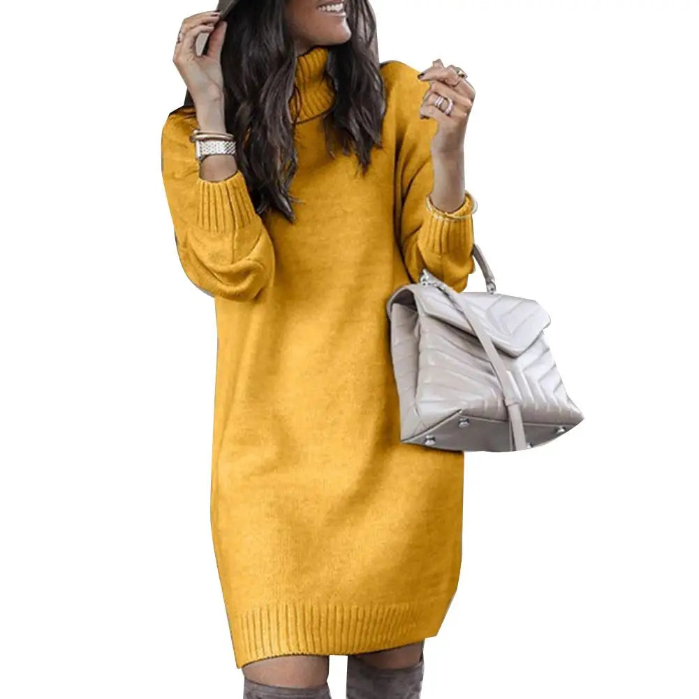 Women High Neck Knit Dress Casual Loose Warm Sweater Mini Dress Long Sleeved Solid Color Versatile Knee Length Skirt Plus Size