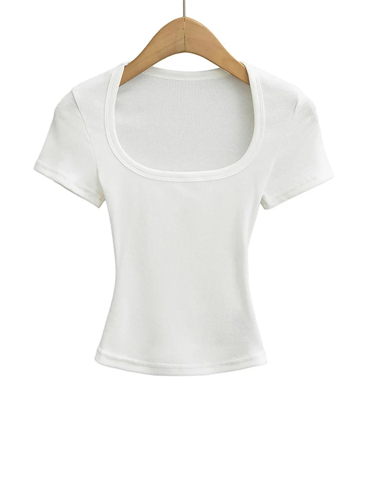 Women's Square Collar Slim Fit Crop Top High Stretch Short Sleeve Pullover Sexy Summer Blouse T-shirt Bottoming