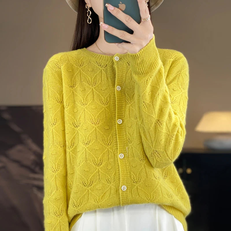Chic Women's Hollow Button Cardigan O-Neck Sweater Autumn Winter 100% Merino Wool Knitwear Simple Style Casual Soft Clothes Tops