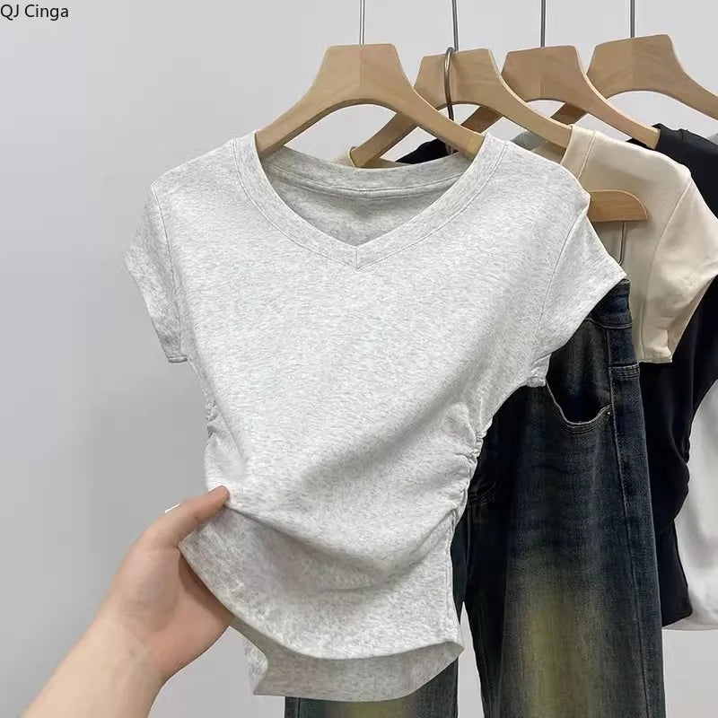 Summer Gray Women's V-neck Short-sleeved T-shirt, White Short-sleeved Slim-fit Pullover T-Shirt, Asian Sizes S-XL Tops & Tees