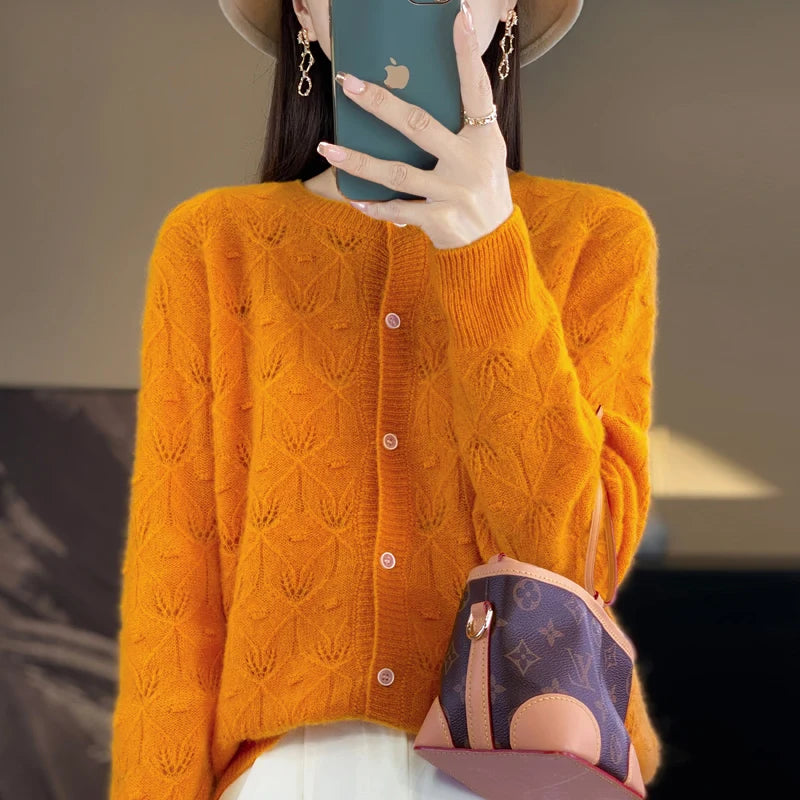 Chic Women's Hollow Button Cardigan O-Neck Sweater Autumn Winter 100% Merino Wool Knitwear Simple Style Casual Soft Clothes Tops
