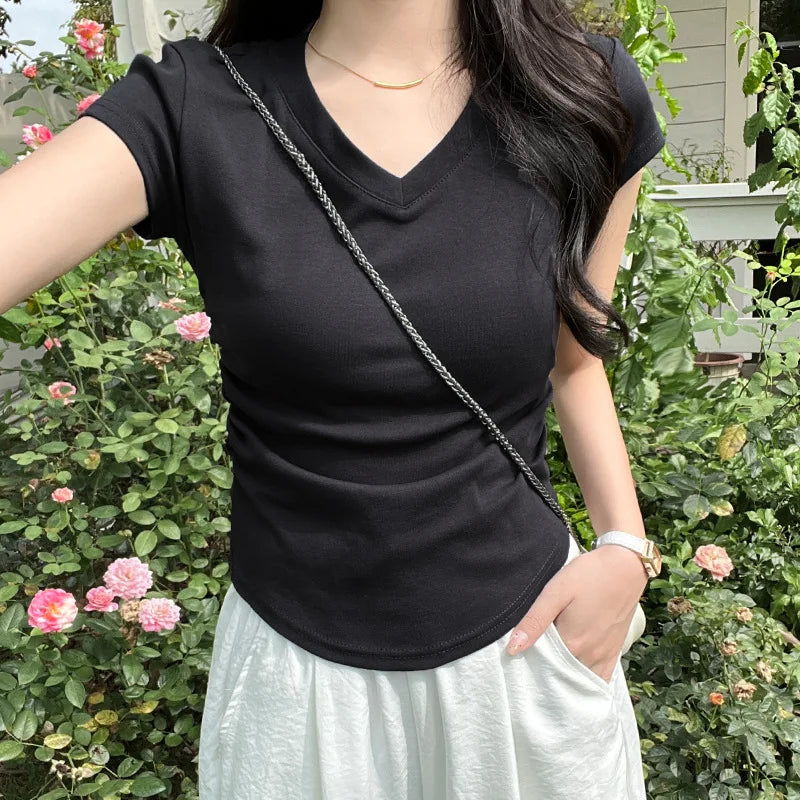 Summer Gray Women's V-neck Short-sleeved T-shirt, White Short-sleeved Slim-fit Pullover T-Shirt, Asian Sizes S-XL Tops & Tees