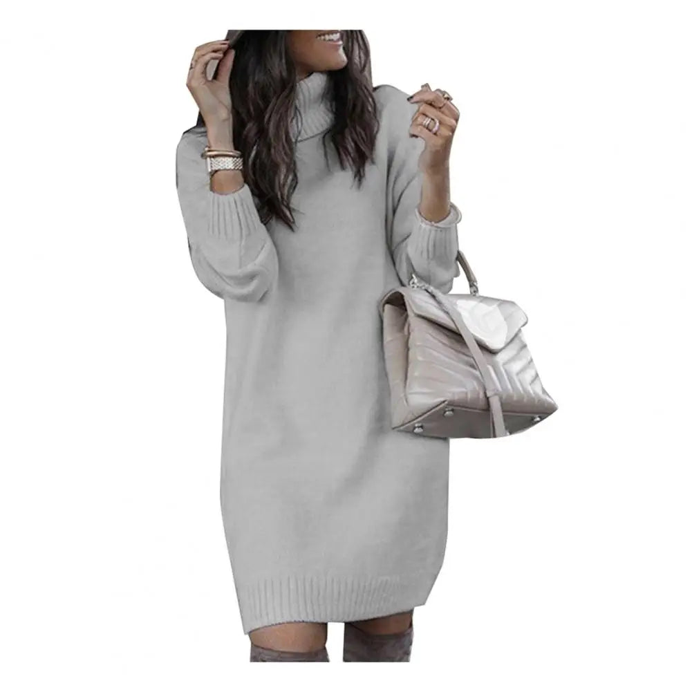 Women High Neck Knit Dress Casual Loose Warm Sweater Mini Dress Long Sleeved Solid Color Versatile Knee Length Skirt Plus Size