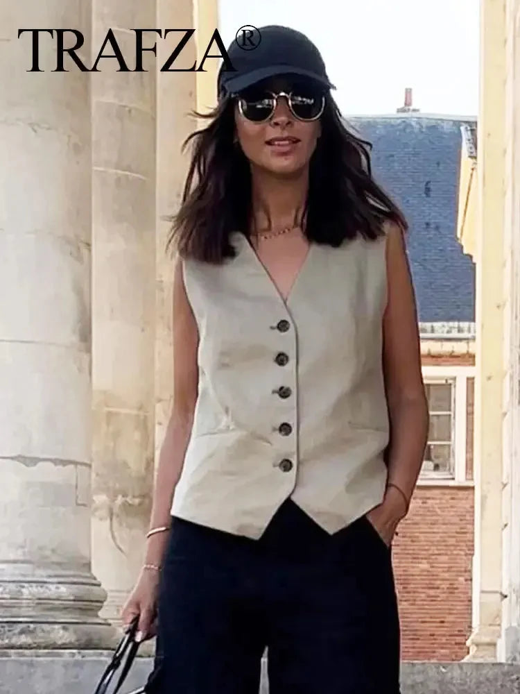 TRAFZA Women's Fashion Solid Vest Top Vintage V Neck Button Loose Casual Vests Summer Y2K Woman Streetwear Chic Tops Outerwear