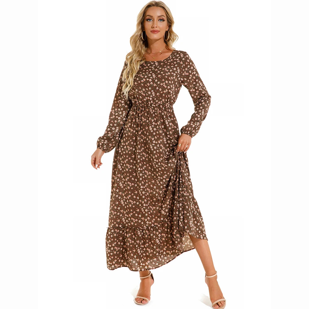 2025 Sping Summer Bohemian Women Maxi Dress Casual Long Sleeve High Waist Beach Woman Chiffon Dresses Floral Vestidoes Mujer New