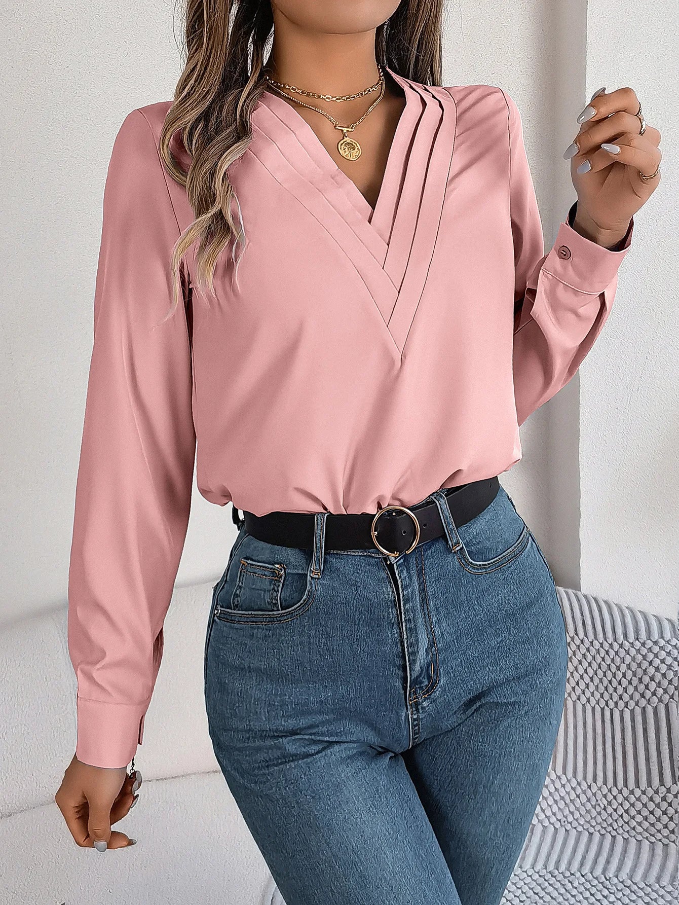 VigoCasey 2025 Spring White Long Sleeve T-shirt Elegant Women V Neck Solid Shirt Top Autumn Office Lady Pullover Tops Clothing