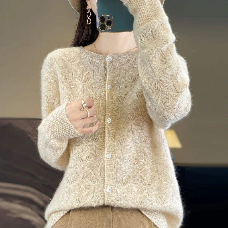 Chic Women's Hollow Button Cardigan O-Neck Sweater Autumn Winter 100% Merino Wool Knitwear Simple Style Casual Soft Clothes Tops