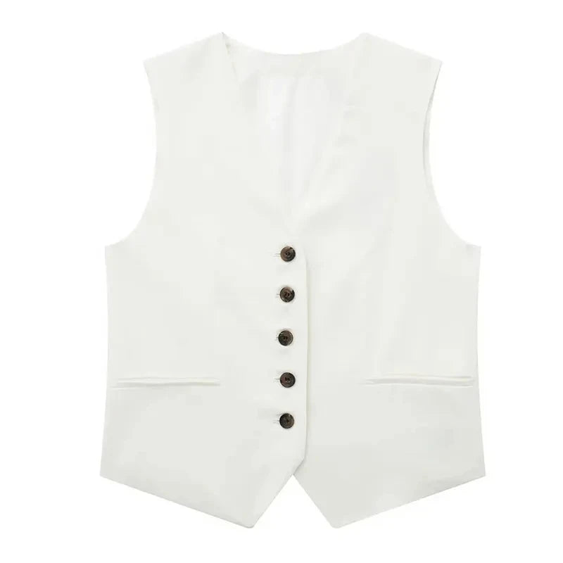 TRAFZA Women's Fashion Solid Vest Top Vintage V Neck Button Loose Casual Vests Summer Y2K Woman Streetwear Chic Tops Outerwear