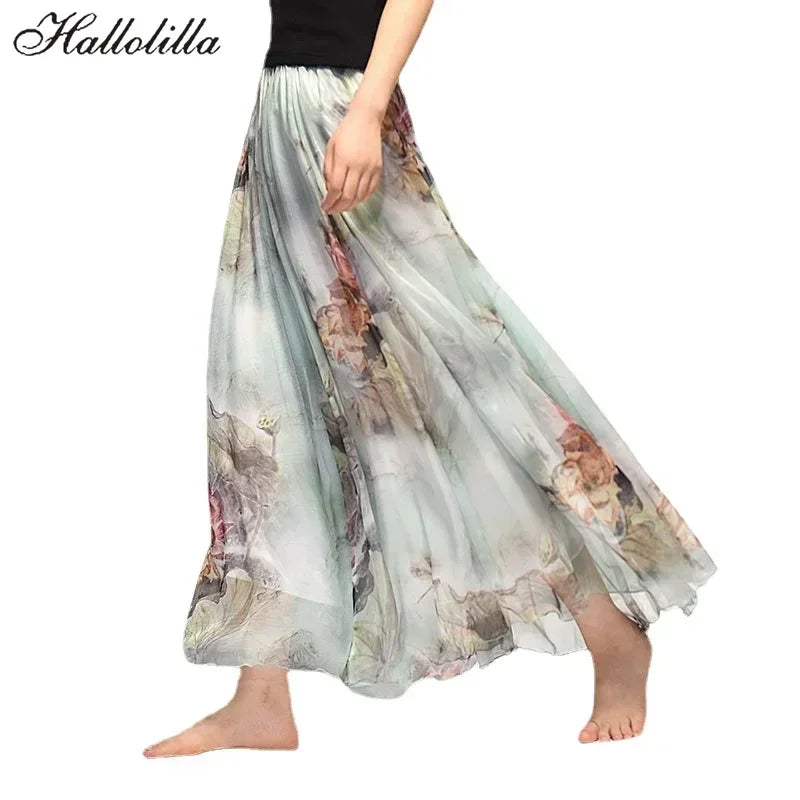 Vintage Bohemian Long Skirts Women Elegant Chiffon Saia Harajuku Beach High Waist Long Skirt Woman Clothes Faldas Tutu Vestidos