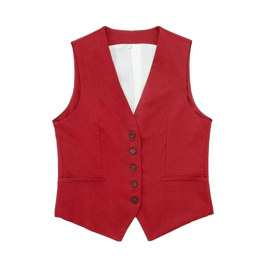 TRAFZA Women's Fashion Solid Vest Top Vintage V Neck Button Loose Casual Vests Summer Y2K Woman Streetwear Chic Tops Outerwear