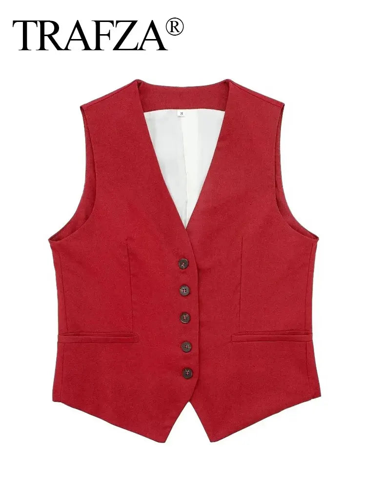 TRAFZA Women's Fashion Solid Vest Top Vintage V Neck Button Loose Casual Vests Summer Y2K Woman Streetwear Chic Tops Outerwear