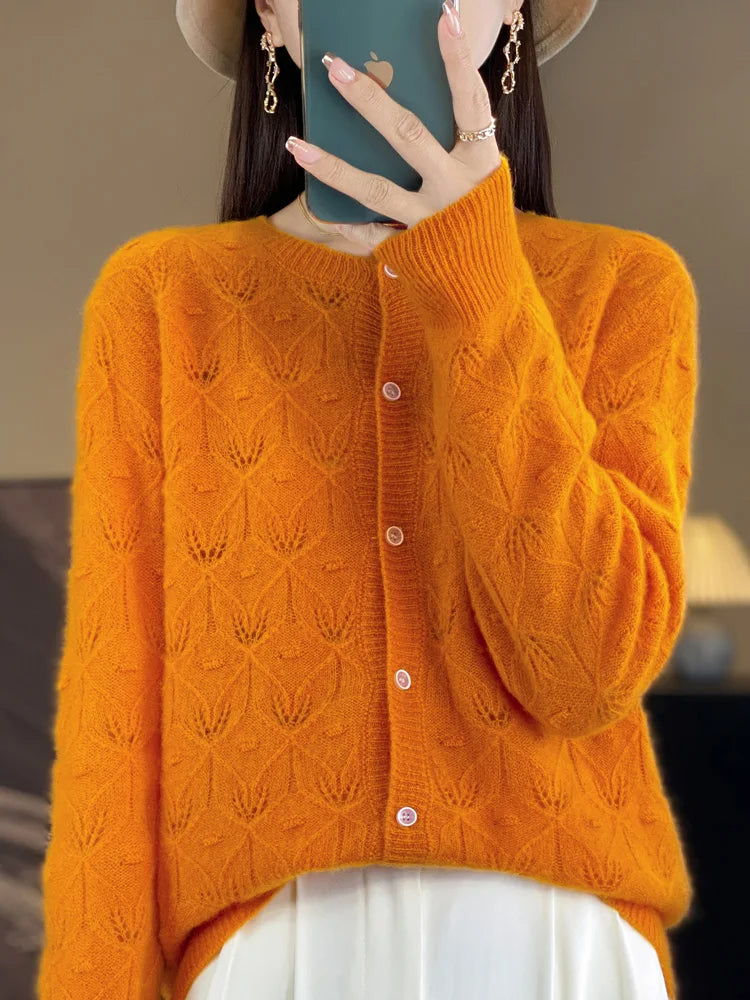 Chic Women's Hollow Button Cardigan O-Neck Sweater Autumn Winter 100% Merino Wool Knitwear Simple Style Casual Soft Clothes Tops