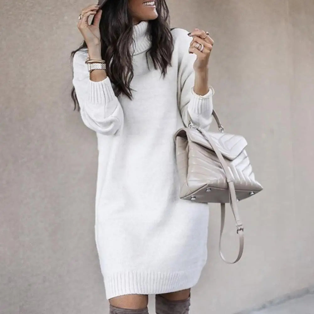 Women High Neck Knit Dress Casual Loose Warm Sweater Mini Dress Long Sleeved Solid Color Versatile Knee Length Skirt Plus Size