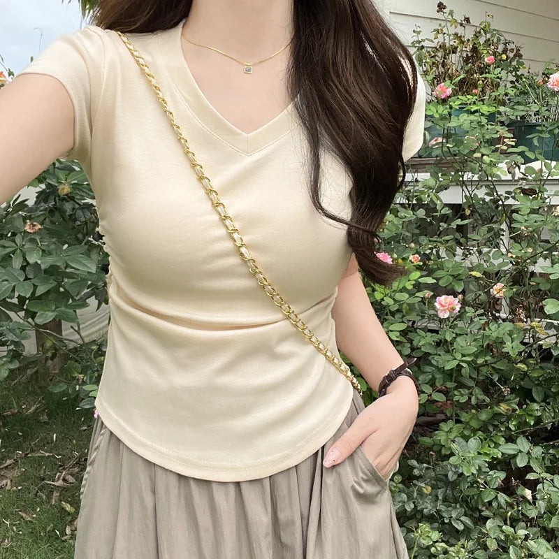 Summer Gray Women's V-neck Short-sleeved T-shirt, White Short-sleeved Slim-fit Pullover T-Shirt, Asian Sizes S-XL Tops & Tees