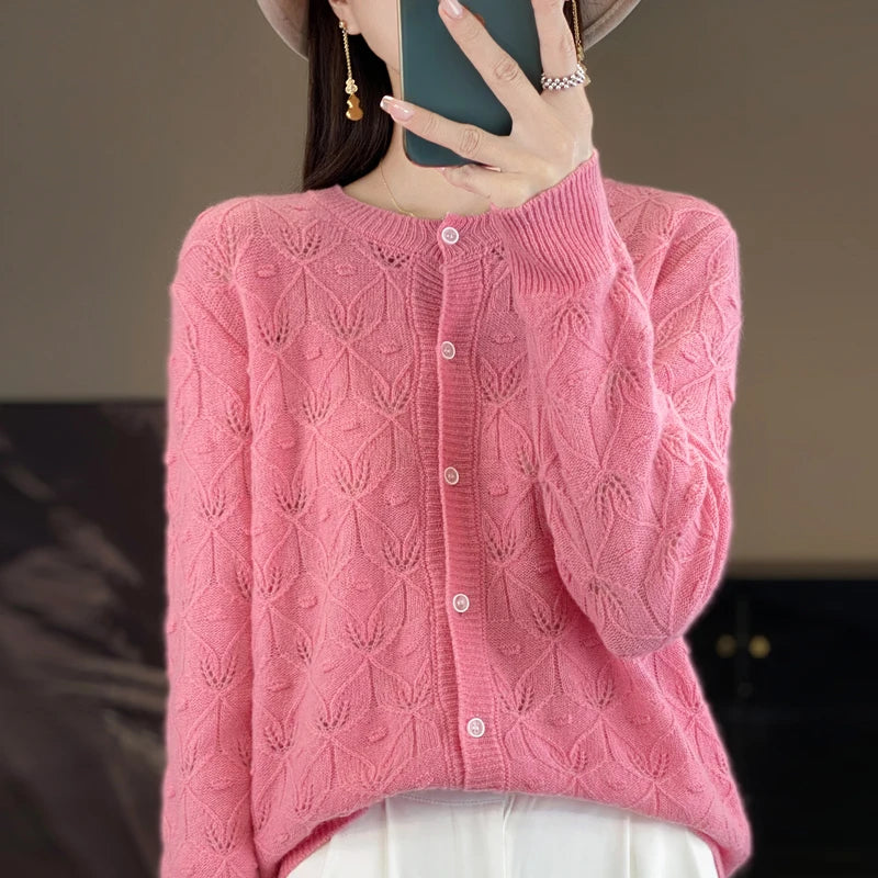 Chic Women's Hollow Button Cardigan O-Neck Sweater Autumn Winter 100% Merino Wool Knitwear Simple Style Casual Soft Clothes Tops