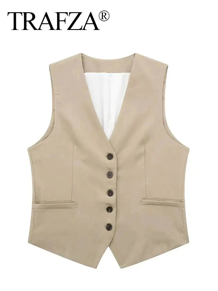 TRAFZA Women's Fashion Solid Vest Top Vintage V Neck Button Loose Casual Vests Summer Y2K Woman Streetwear Chic Tops Outerwear