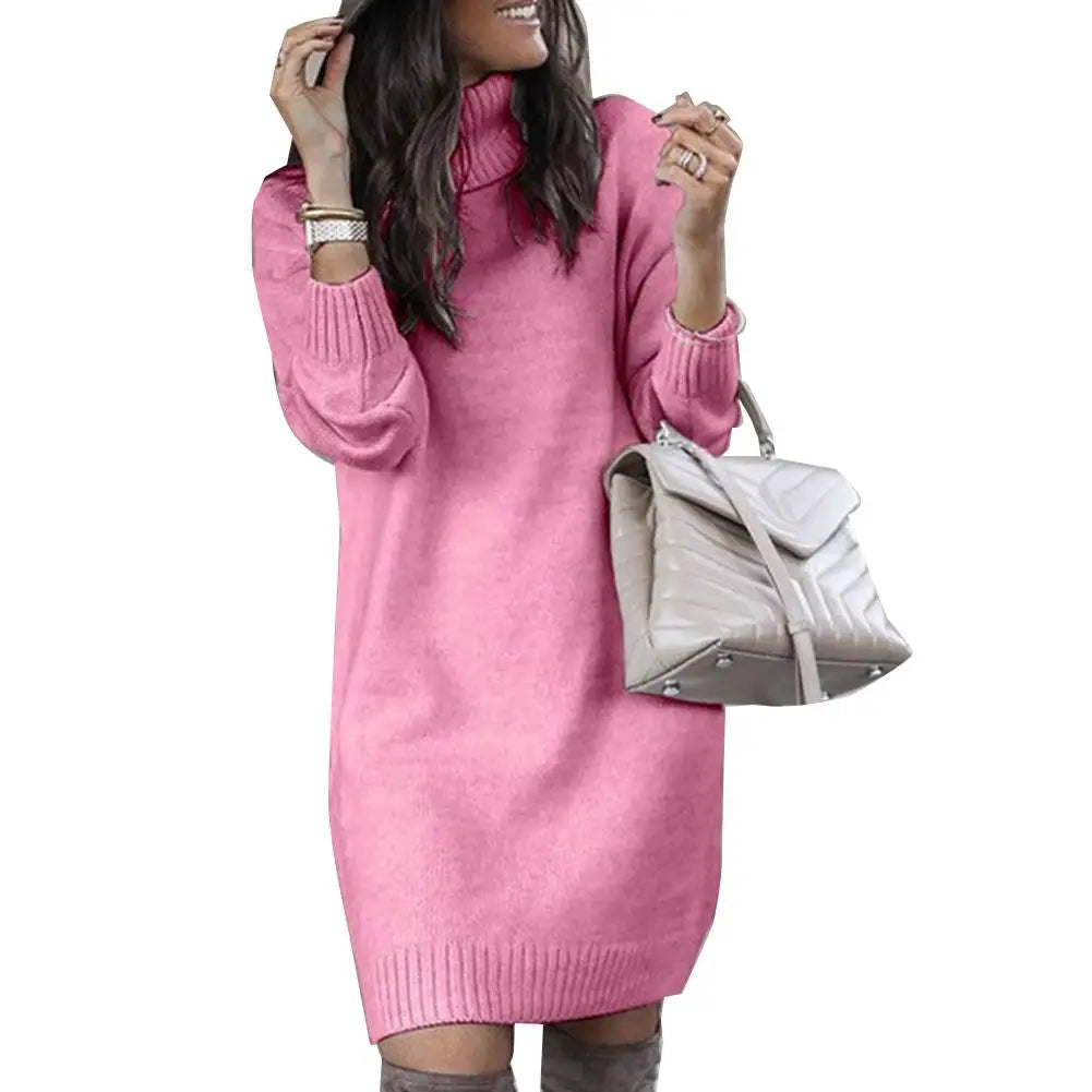 Women High Neck Knit Dress Casual Loose Warm Sweater Mini Dress Long Sleeved Solid Color Versatile Knee Length Skirt Plus Size