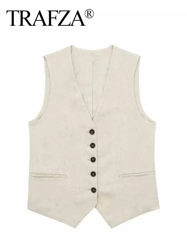 TRAFZA Women's Fashion Solid Vest Top Vintage V Neck Button Loose Casual Vests Summer Y2K Woman Streetwear Chic Tops Outerwear