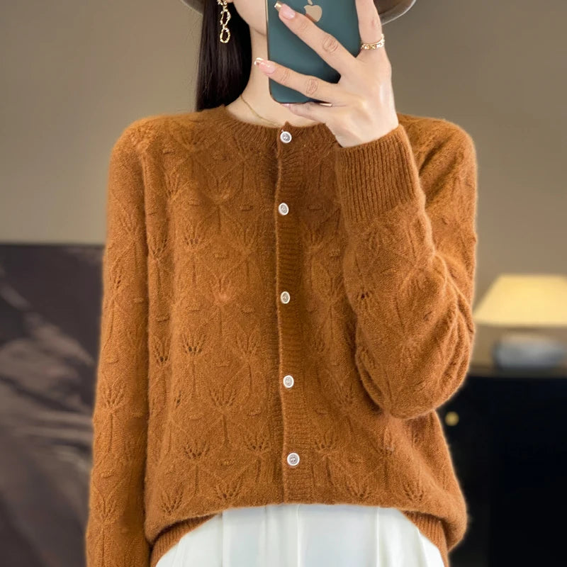 Chic Women's Hollow Button Cardigan O-Neck Sweater Autumn Winter 100% Merino Wool Knitwear Simple Style Casual Soft Clothes Tops
