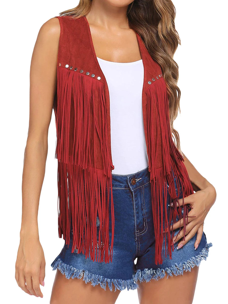 Vintage Women Tassel Vest 70s Hippie Faux Suede Rivets Sleeveless Fringe Jacket Waistcoat Streetwear S-XXXL