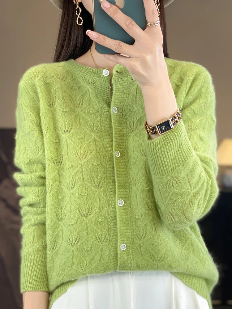 Chic Women's Hollow Button Cardigan O-Neck Sweater Autumn Winter 100% Merino Wool Knitwear Simple Style Casual Soft Clothes Tops