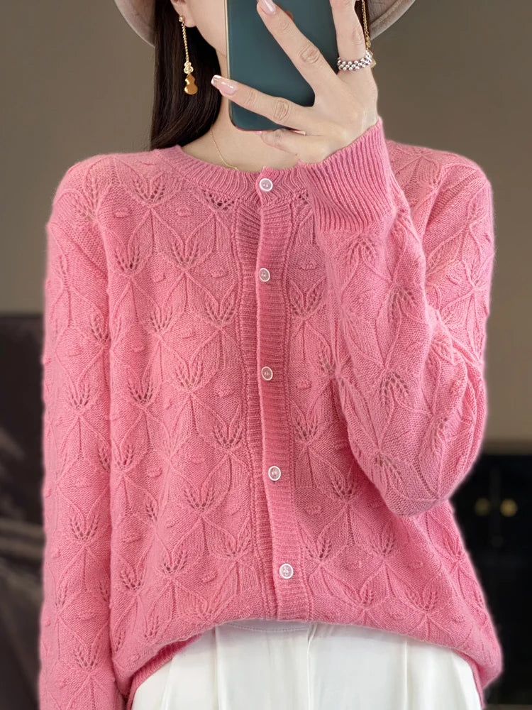 Chic Women's Hollow Button Cardigan O-Neck Sweater Autumn Winter 100% Merino Wool Knitwear Simple Style Casual Soft Clothes Tops