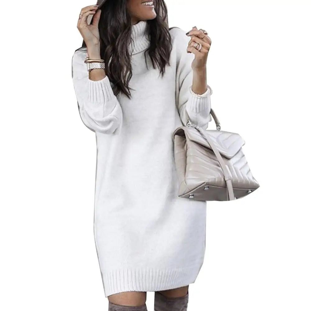 Women High Neck Knit Dress Casual Loose Warm Sweater Mini Dress Long Sleeved Solid Color Versatile Knee Length Skirt Plus Size