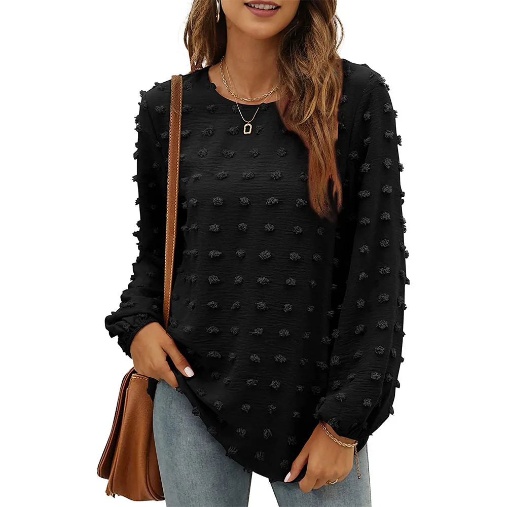 Women's Chiffon Blouses Long Sleeve Crewneck Tops Dressy Casual Loose Pompom Shirts