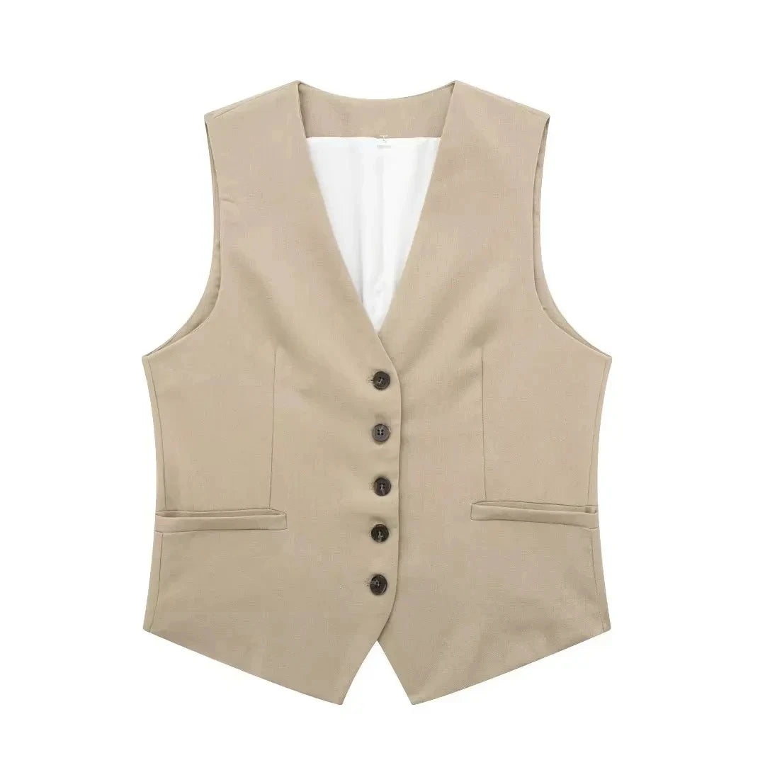 TRAFZA Women's Fashion Solid Vest Top Vintage V Neck Button Loose Casual Vests Summer Y2K Woman Streetwear Chic Tops Outerwear