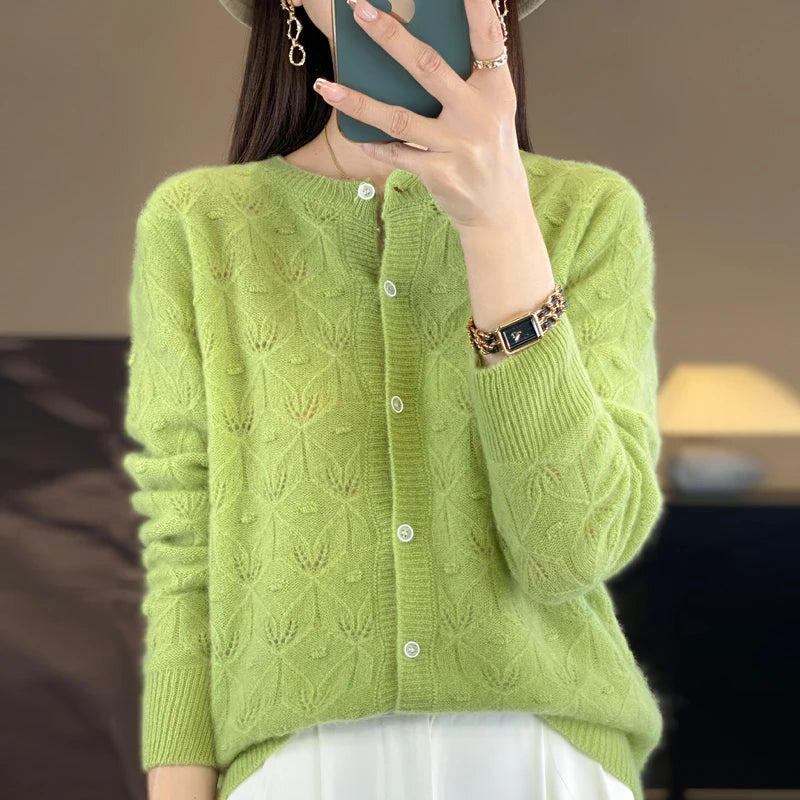 Chic Women's Hollow Button Cardigan O-Neck Sweater Autumn Winter 100% Merino Wool Knitwear Simple Style Casual Soft Clothes Tops