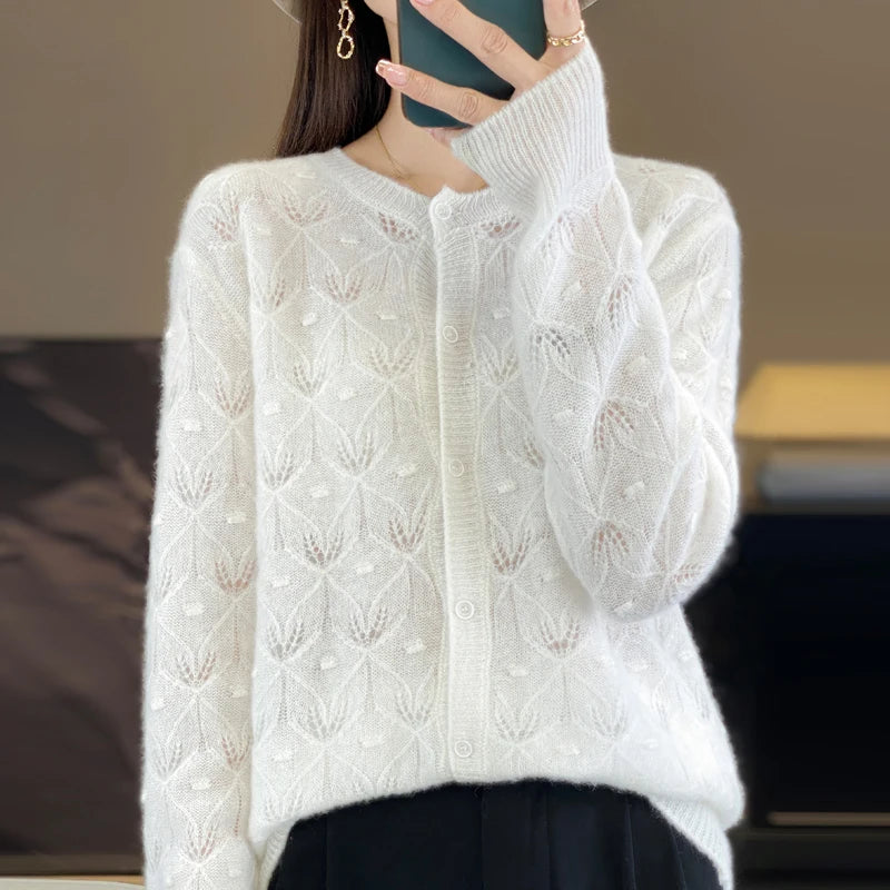 Chic Women's Hollow Button Cardigan O-Neck Sweater Autumn Winter 100% Merino Wool Knitwear Simple Style Casual Soft Clothes Tops