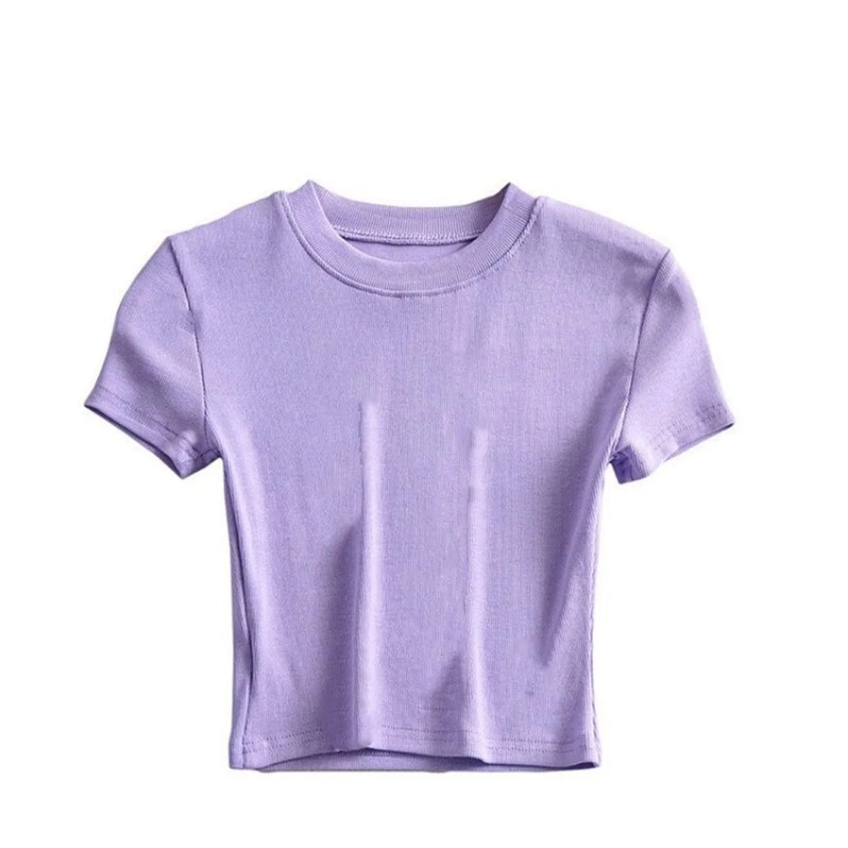 Summer Women's Short Sleeve Crop Top Solid Slim Fit Crew Neck Tee Basic Skinny Ribbed Tight Athletic Casual Workout Yoga Tshirt