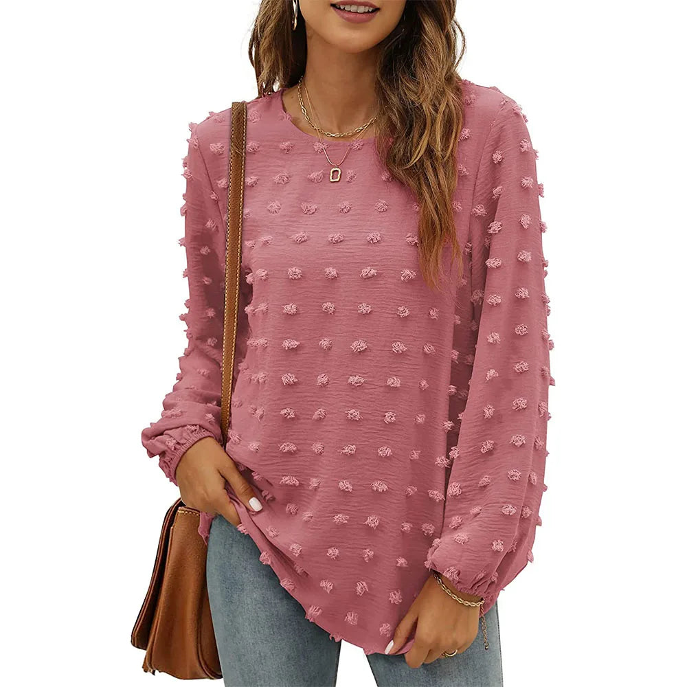 Women's Chiffon Blouses Long Sleeve Crewneck Tops Dressy Casual Loose Pompom Shirts