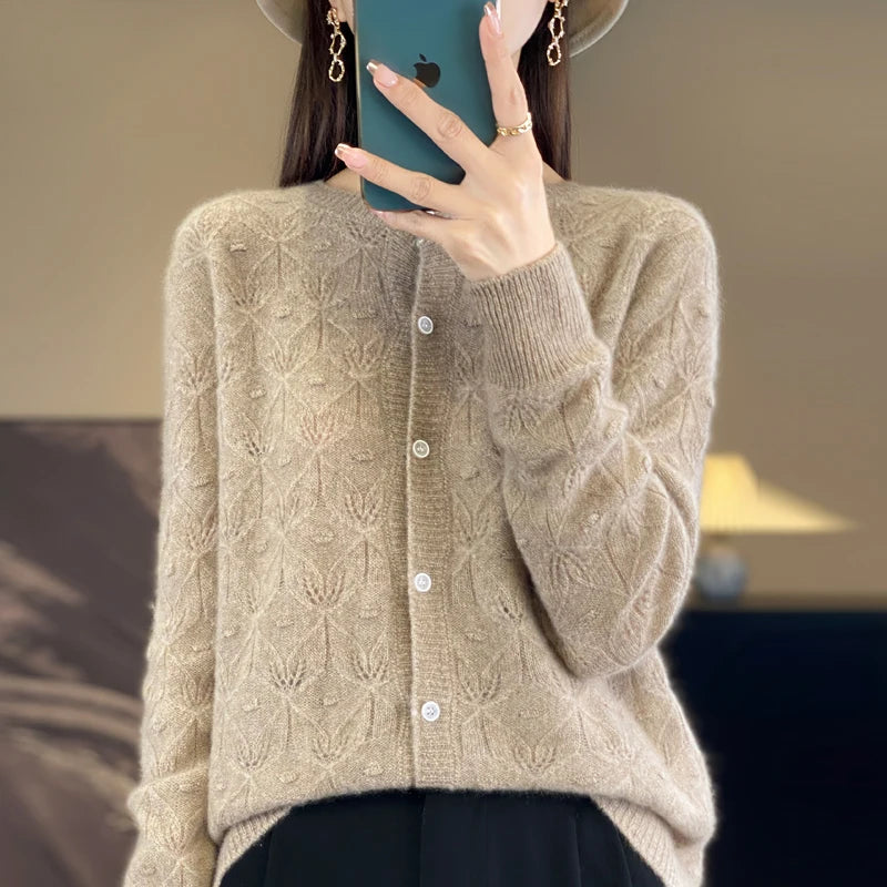 Chic Women's Hollow Button Cardigan O-Neck Sweater Autumn Winter 100% Merino Wool Knitwear Simple Style Casual Soft Clothes Tops