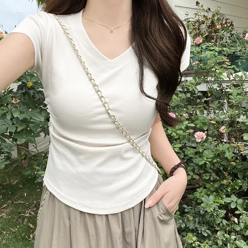 Summer Gray Women's V-neck Short-sleeved T-shirt, White Short-sleeved Slim-fit Pullover T-Shirt, Asian Sizes S-XL Tops & Tees