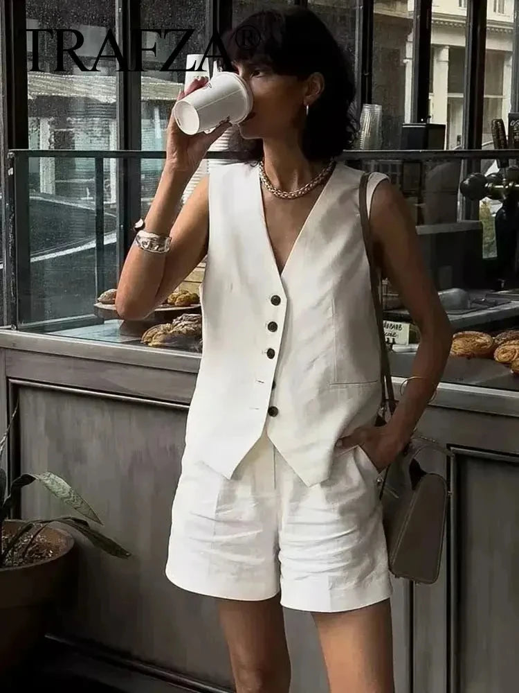 TRAFZA Women's Fashion Solid Vest Top Vintage V Neck Button Loose Casual Vests Summer Y2K Woman Streetwear Chic Tops Outerwear