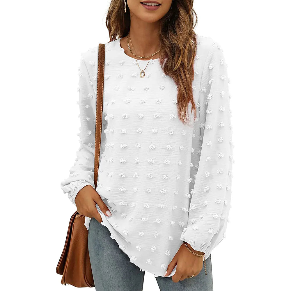 Women's Chiffon Blouses Long Sleeve Crewneck Tops Dressy Casual Loose Pompom Shirts