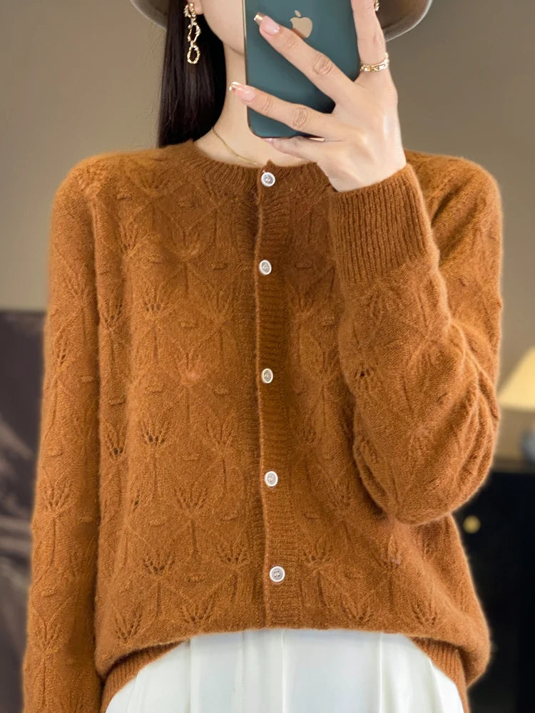 Chic Women's Hollow Button Cardigan O-Neck Sweater Autumn Winter 100% Merino Wool Knitwear Simple Style Casual Soft Clothes Tops
