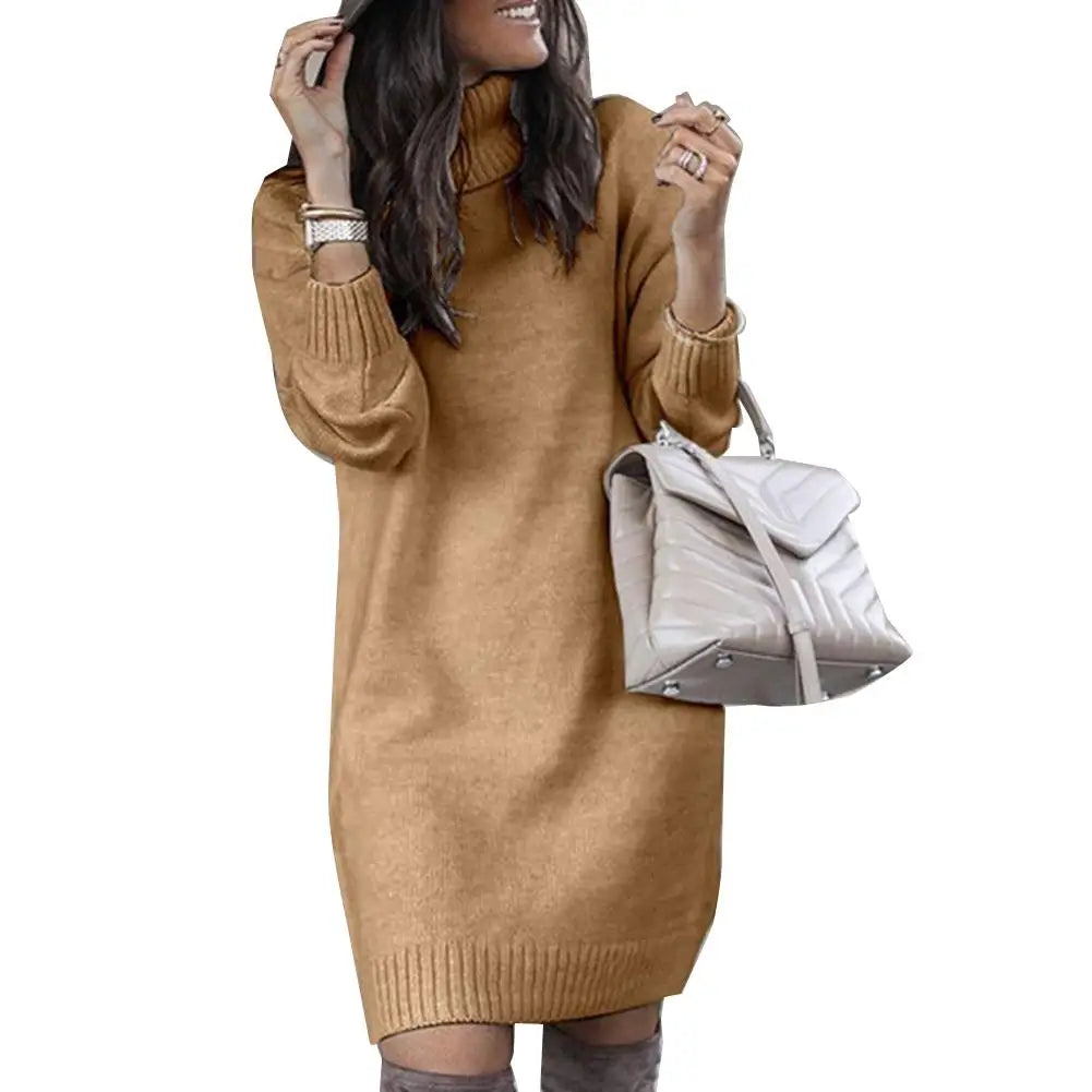 Women High Neck Knit Dress Casual Loose Warm Sweater Mini Dress Long Sleeved Solid Color Versatile Knee Length Skirt Plus Size