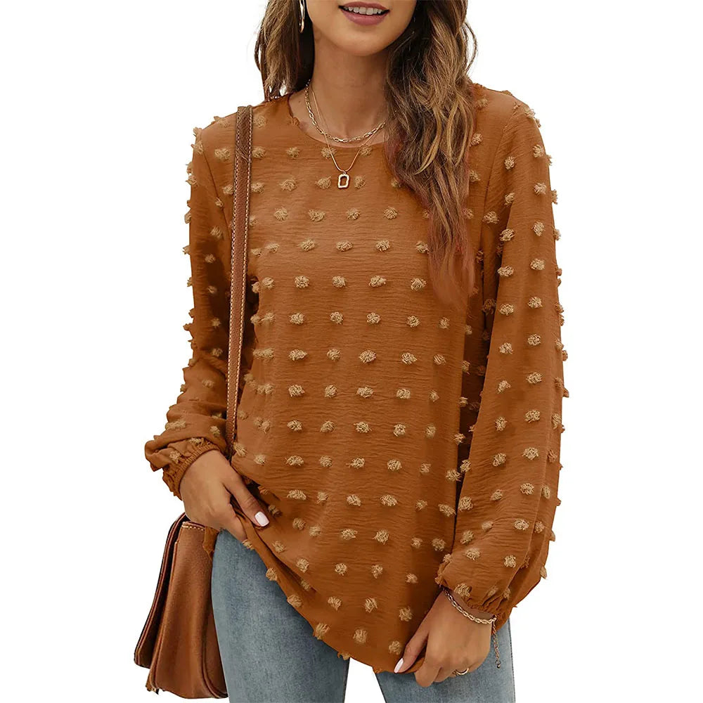Women's Chiffon Blouses Long Sleeve Crewneck Tops Dressy Casual Loose Pompom Shirts