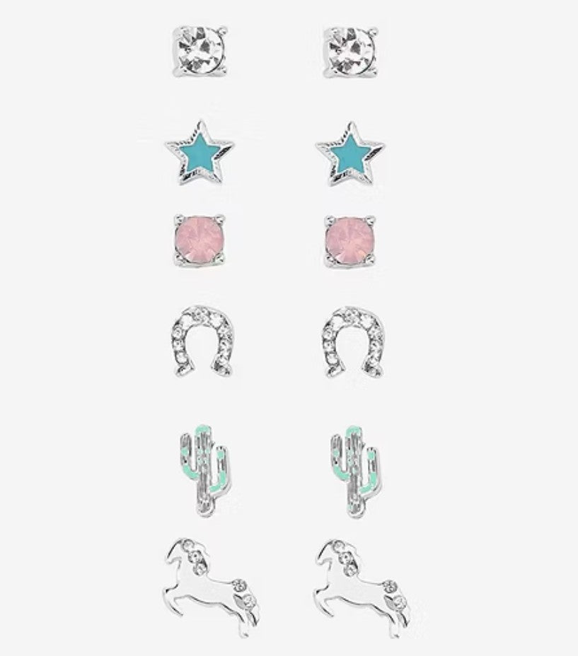 Western Crystal Silver Tone Star 6 Pair Earring Set by Bijoux Bar